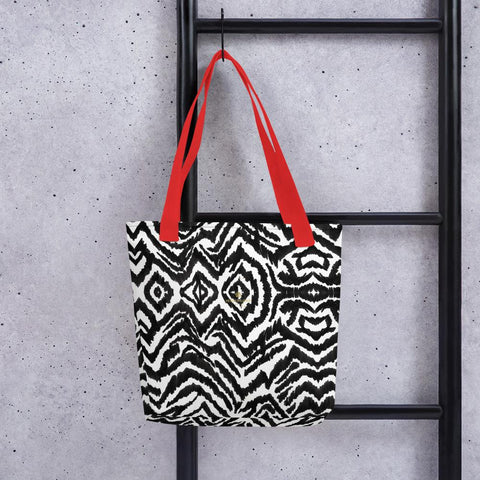 Designer Black White Zebra Animal Print 15" x 15" Tote Market Bag- Made in USA/EU-Tote Bag-Red-Heidi Kimura Art LLC