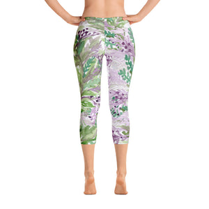 Lavender Floral Print Capri Leggings, Designer Capris Spandex Soft Tights- Made in USA/EU-capri leggings-XS-Heidi Kimura Art LLC