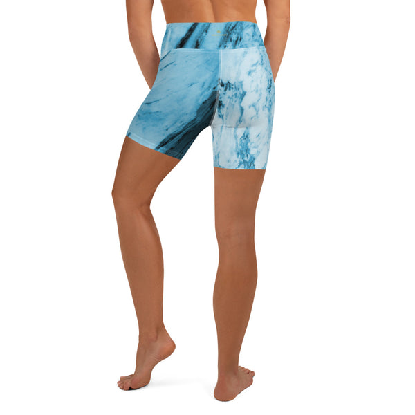 Blue Marble Yoga Shorts, Abstract Print Women's Shorts-Made in USA/EU-Heidi Kimura Art LLC-Heidi Kimura Art LLC