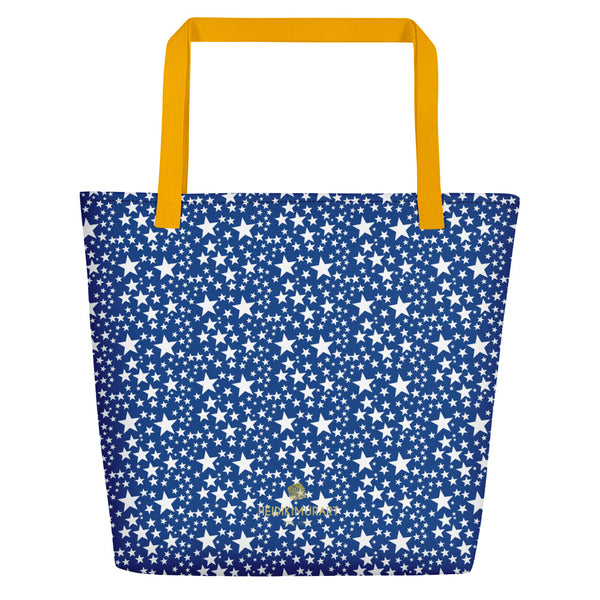Blue White Star Pattern Print Designer Large 16"x20" Unisex Beach Tote Bag- Made in USA/EU-Beach Tote Bag-Yellow-Heidi Kimura Art LLC