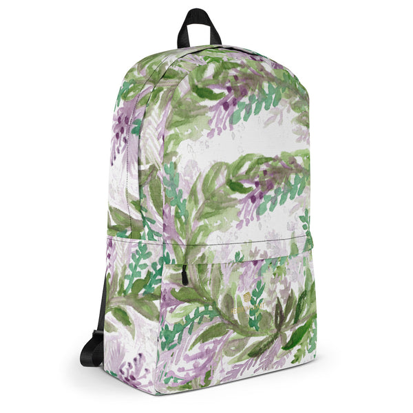White French Lavender Floral Print Women's Premium Backpack-Made in USA/EU--Heidi Kimura Art LLC White French Lavender Backpack, Best Floral Print Designer Medium Size (Fits 15" Laptop) Water Resistant College Unisex Backpack for Travel/ School/ Work - Made in USA/ Europe  