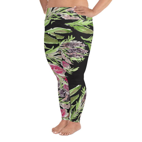 Lavender Plus Size Leggings, Black Floral Print Women's Long Yoga Pants-Made in USA/EU-Women's Plus Size Leggings-Heidi Kimura Art LLC