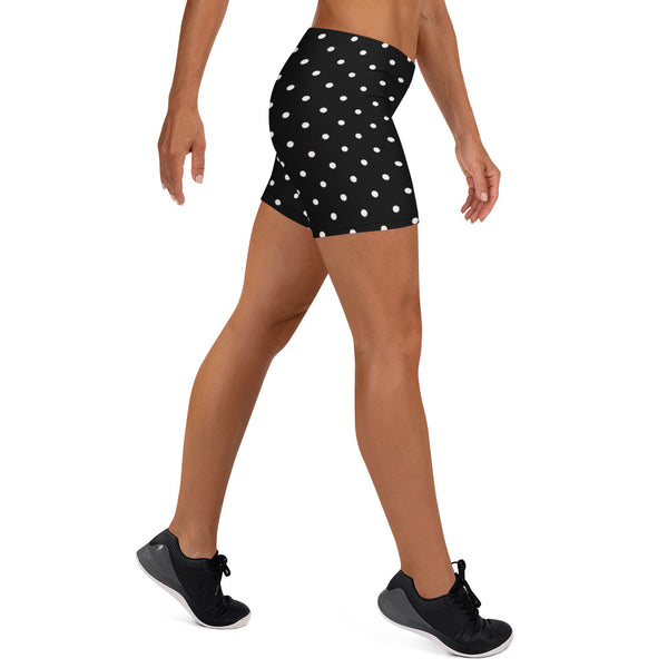Black Dotted Women's Shorts, White Polka Dots Elastic Tights-Made in USA/EU-Heidi Kimura Art LLC-Heidi Kimura Art LLC Black Dotted Women's Shorts, White Polka Dots Classic Printed Women's Elastic Stretchy Shorts Short Tights -Made in USA/EU (US Size: XS-3XL) Plus Size Available, Tight Pants, Pants and Tights, Womens Shorts, Short Yoga Pants