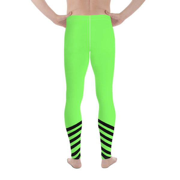 Bright Neon Green Diagonal Stripe Print Men's Leggings Rave Tights -Made in USA/ EU-Men's Leggings-Heidi Kimura Art LLC