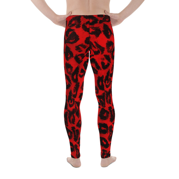 Red Hot Leopard Animal Print Spandex Men's Leggings Running Tights- Made in USA/EU-Men's Leggings-Heidi Kimura Art LLC