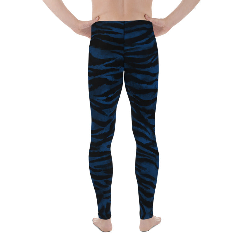 Navy Blue Tiger Men's Leggings, Striped Animal Print Men Gym Run