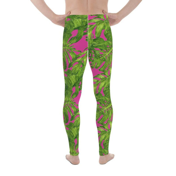 Hot Pink Tropical Leaf Print Hawaiian Style Men's Leggings Meggings Tights- Made in USA-Men's Leggings-Heidi Kimura Art LLC