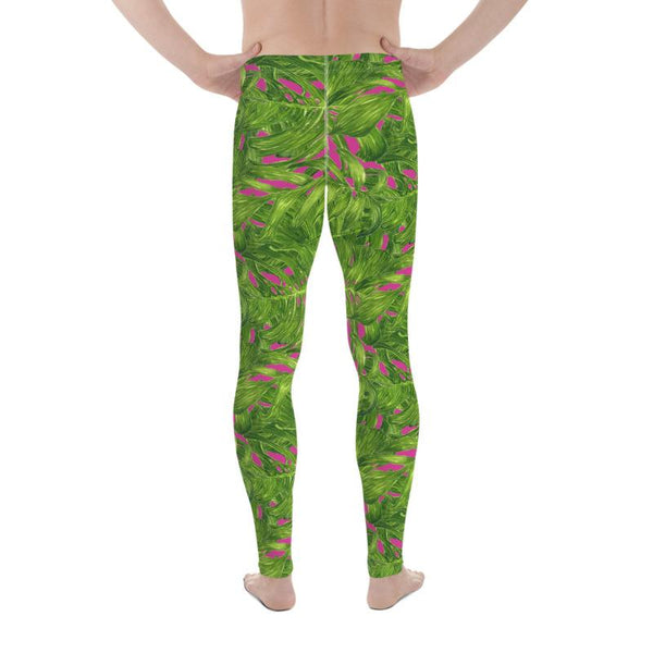 Hot Pink Green Tropical Palm Leaf Print Men's Leggings Meggings Tights - Made in USA-Men's Leggings-Heidi Kimura Art LLC