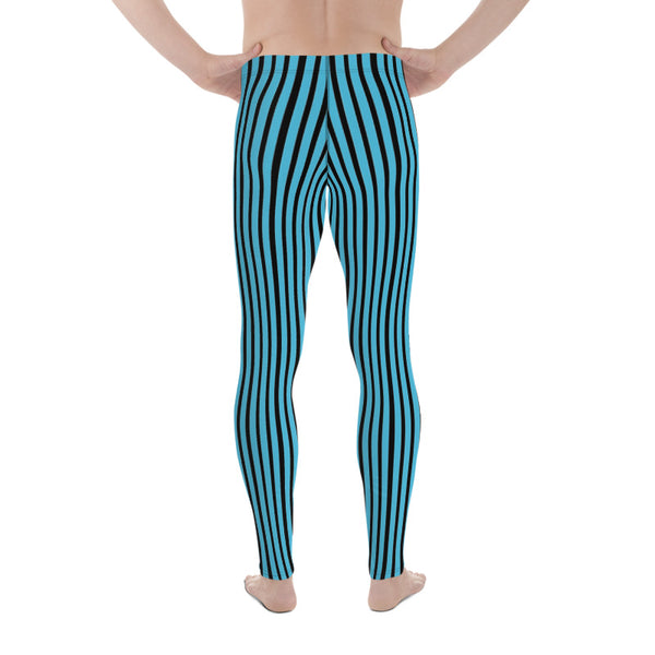 Blue Black Vertical Stripe Print Premium Men's Leggings Meggings Tights- Made in USA/EU-Men's Leggings-Heidi Kimura Art LLC