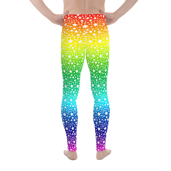 Rainbow White Stars Meggings, Gay Pride Parade Men's Tights, Rainbow Ombre Star Print 38-40 UPF Fitted Elastic Men's Leggings Sexy Workout Compression Tights/ Pants- Made in USA/EU (US Size: XS-3XL)