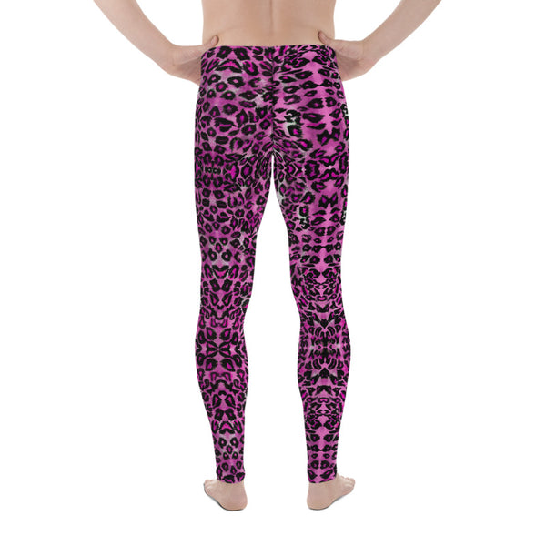 Pink Leopard Men's Leggings, Cute Leopard Animal Print 38-40 UPF Fitted Elastic Men's Leggings Meggings Sexy Workout Compression Tights/ Pants- Made in USA/EU (US Size: XS-3XL)