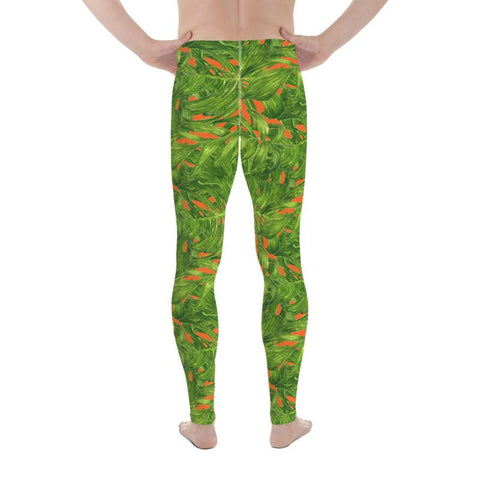 Orange Green Hawaiian Style Tropical Leaf Print Men's Leggings Meggings- Made in USA-Men's Leggings-Heidi Kimura Art LLC