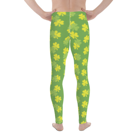 Pastel Green Clover Print St. Patrick's Day Men's Leggings Meggings - Made in USA/EU-Men's Leggings-Heidi Kimura Art LLC