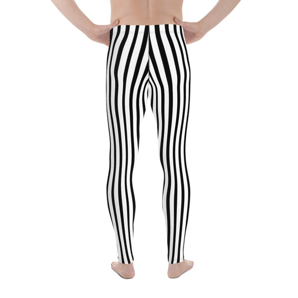 Black White Vertically Striped Meggings, Stripe Print Men's Circus Leggings - Made in USA/EU-Men's Leggings-Heidi Kimura Art LLC