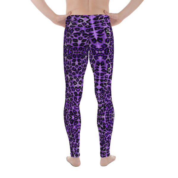 Purple Leopard Men's Leggings,  Leopard Animal Print 38-40 UPF Fitted Elastic Men's Leggings Meggings Sexy Workout Compression Tights/ Pants- Made in USA/EU (US Size: XS-3XL)