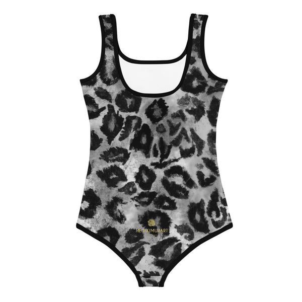 Gray Leopard Print Girl's Swimsuit, Animal Print Kids Sports Swimwear- Made in USA/EU-Kid's Swimsuit (Girls)-Heidi Kimura Art LLC