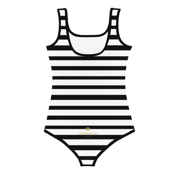 Horizontal Black White Stripe Print Cute Girl's Kids Swimsuit Swimwear- Made in USA-Kid's Swimsuit (Girls)-Heidi Kimura Art LLC