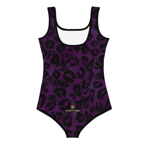 Purple Leopard Print Girl's Swimwear, Animal Print Kids Cute Swimsuit- Made in USA/EU-Kid's Swimsuit (Girls)-Heidi Kimura Art LLC