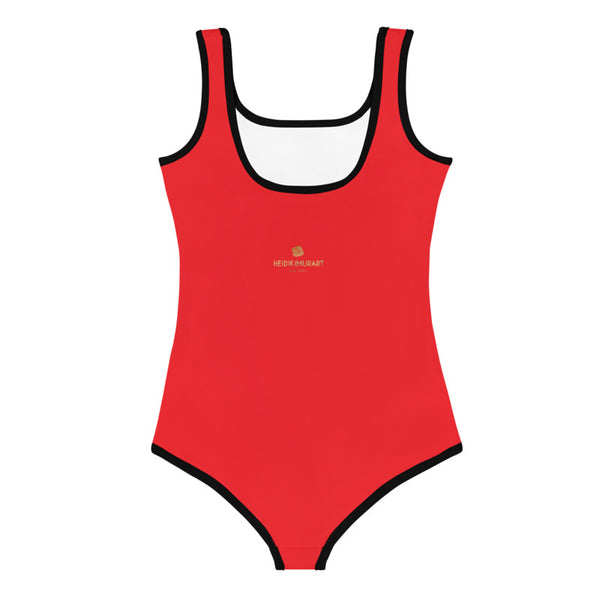 Red Solid Color Print Premium Cute Kids Swimsuit- Made in USA (US Size: 2T-7)-Kid's Swimsuit (Girls)-Heidi Kimura Art LLC