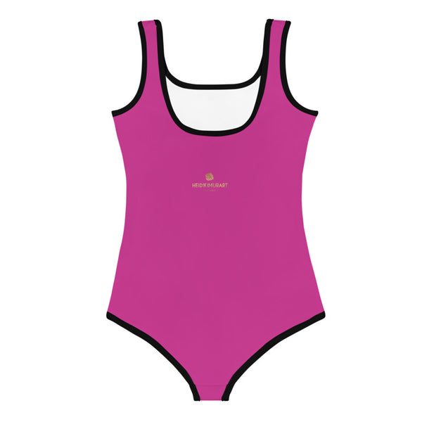 Hot Pink Solid Color Print Kids Cute Girl's Spandex Swimsuit- Made in USA-Kid's Swimsuit (Girls)-Heidi Kimura Art LLC