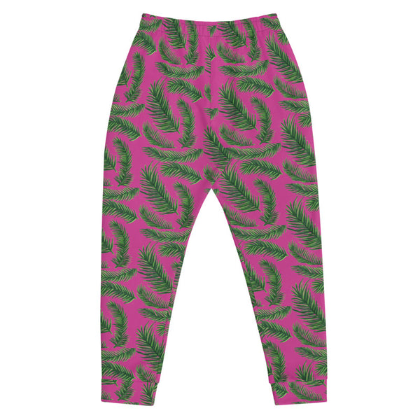 Hot Pink Tropical Green Palm Leaf Floral Print Men's Joggers Sweatpants- Made in EU-Men's Joggers-Heidi Kimura Art LLC