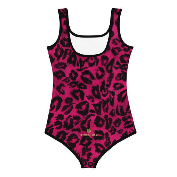 Pink Leopard Print Girl's Swimsuit, Animal Print Cute Kids Bathing Suit- Made in USA/EU-Kid's Swimsuit (Girls)-Heidi Kimura Art LLC