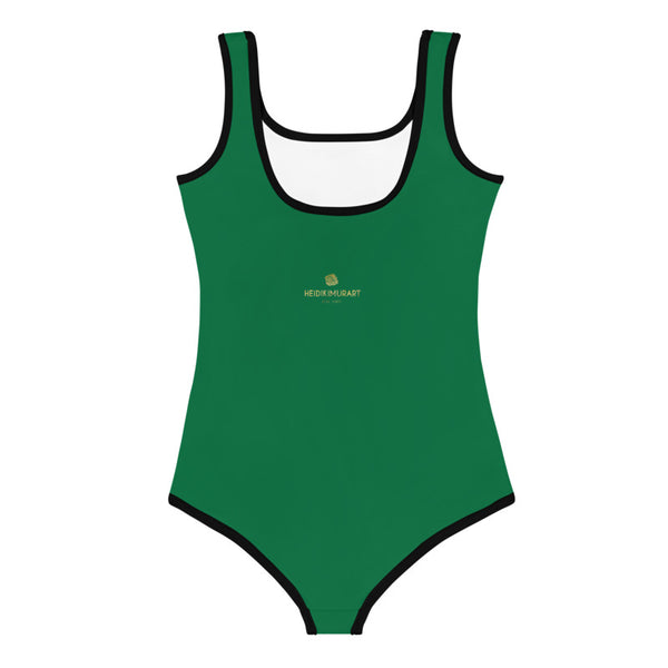 Green Solid Color Print Kids Girl's Premium Swimsuit Swimwear- Made in USA-Kid's Swimsuit (Girls)-Heidi Kimura Art LLC
