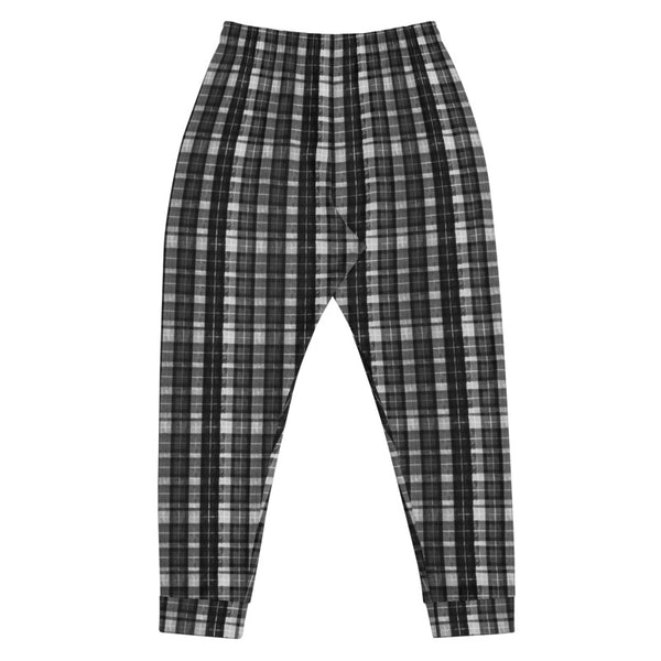 Black Tartan Plaid Print Designer Men's Joggers Casual Sweatpants- Made in EU-Men's Joggers-Heidi Kimura Art LLC