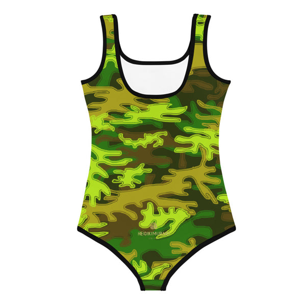 Green Army Camo Military Kids Soldiers Print Girl's Swimsuit Swimwear- Made in USA-Kid's Swimsuit (Girls)-Heidi Kimura Art LLC