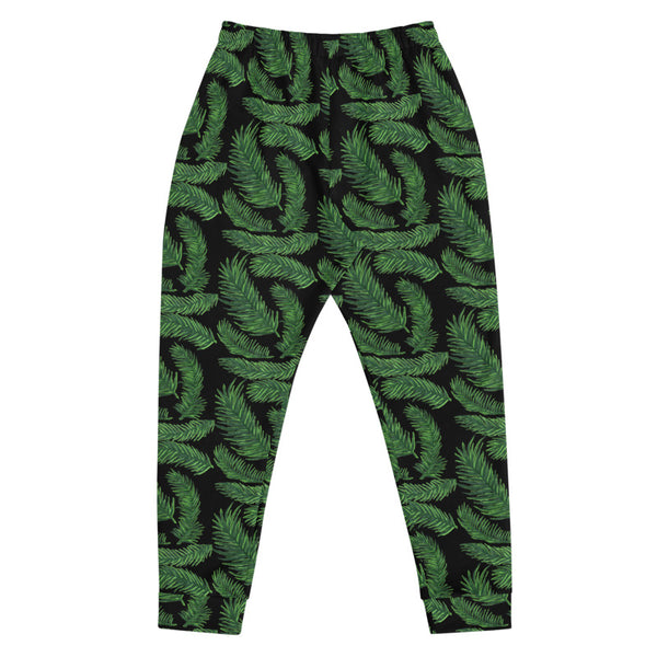 Tropical Leaf Print Men's Joggers, Black Green Palm Leaves Print Sweatpants -Made in EU-Men's Joggers-Heidi Kimura Art LLC