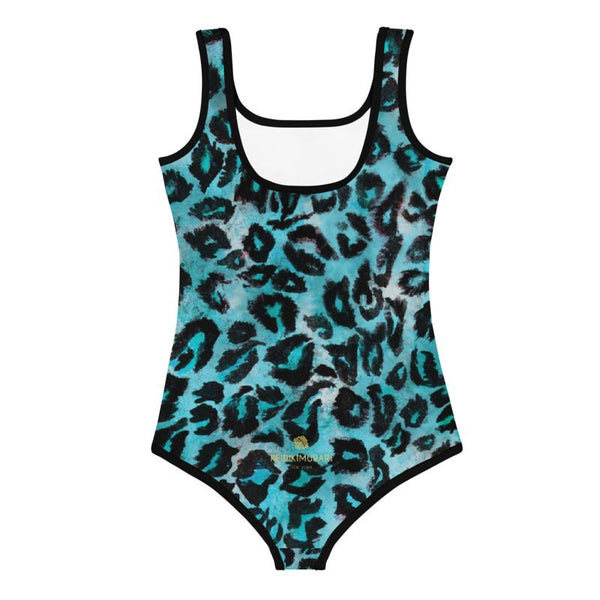 Blue Leopard Print Girl's Swimsuit, Animal Print Kids Swimwear Sportswear- Made in USA/EU-Kid's Swimsuit (Girls)-Heidi Kimura Art LLC