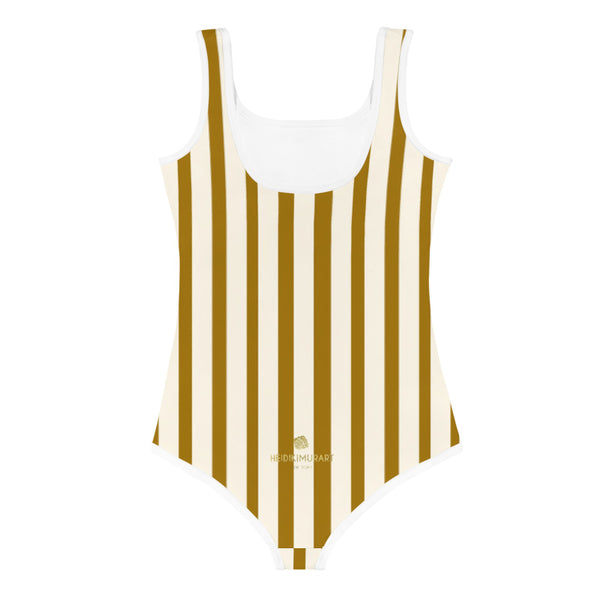 Brown Vertical Stripe Print Cute Kids Girl's Swimsuit Sports Swimwear- Made in USA-Kid's Swimsuit (Girls)-Heidi Kimura Art LLC