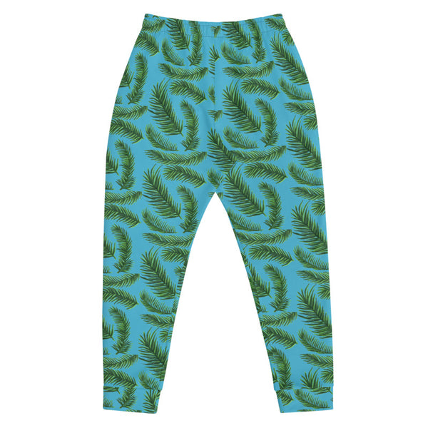 Blue Green Palm Tropical Leaf Print Designer Men's Joggers-Made in EU-Men's Joggers-Heidi Kimura Art LLC