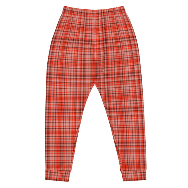 Orange Red Tartan Plaid Print Designer Men's Joggers Jogging Bottoms Pants - Made in EU-Men's Joggers-Heidi Kimura Art LLC