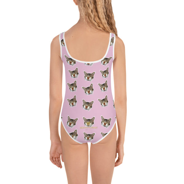 Light Pink Cat Print Girl's Swimsuit, Cute Cat Kids Swimwear- Made in USA/EU (US Size: 2T-7) Girl's Cute Premium Kids Swimsuit Bathing Suit Cat, Swimsuit, Cute Cat Girls Swimsuit