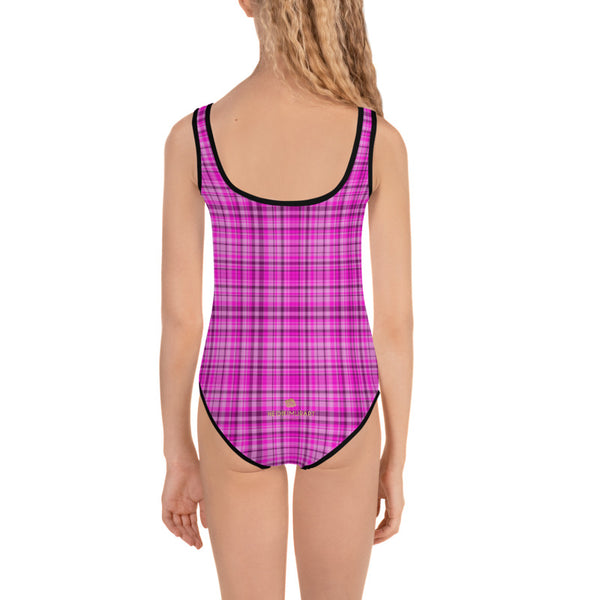 Pink Tartan Print Girl's Swimwear, Plaid Print Best Kids Swimsuit, Girl's Kids Premium Swimwear Sportswear Swimsuit - Made in USA/EU (US Size: 2T-7)