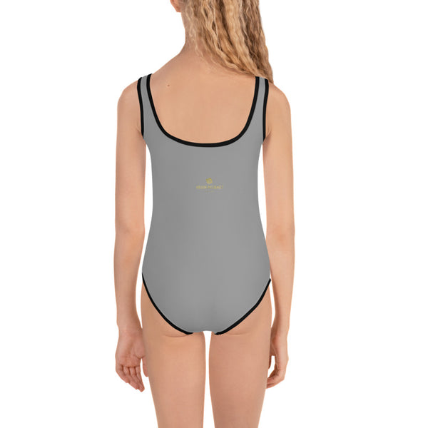 Light Gray Solid Color Print Kids Cute Girl's Spandex Swimsuit Swimwear- Made in USA-Kid's Swimsuit (Girls)-Heidi Kimura Art LLC