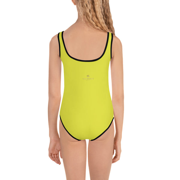 Yellow Solid Color Print Cute Happy Kids Swimsuit Swimwear-Made in USA/ EU (US Size: 2T-7)-Kid's Swimsuit (Girls)-Heidi Kimura Art LLC