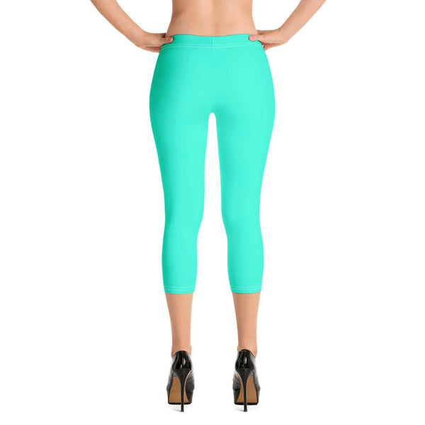 Turquoise Blue Women's Capri Leggings, Bright Solid Color Capris Tights- Made in USA/ EU-capri leggings-Heidi Kimura Art LLC