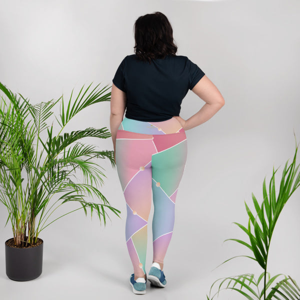 Pink Ombre Pastel Geometric Print Women's Plus Size Yoga Pants Leggings- Made in USA/ EU-Women's Plus Size Leggings-Heidi Kimura Art LLC