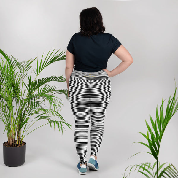 Horizontal Black White Stripe Print Plus Size Leggings Yoga Pants Tights- Made in USA/ EU-Women's Plus Size Leggings-Heidi Kimura Art LLC