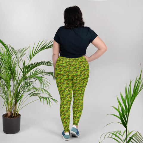 Bright Green Camo Camouflage Print Women's Plus Size Leggings- Made in USA/ EU-Women's Plus Size Leggings-Heidi Kimura Art LLC