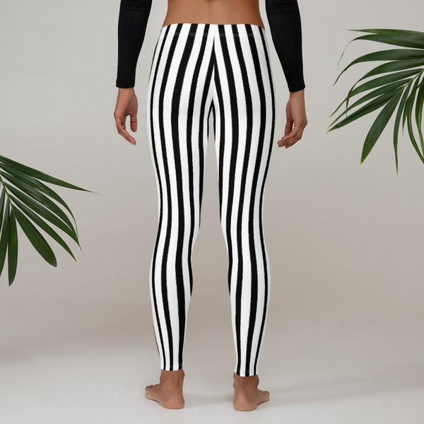 Black White Striped Print Women's Casual Dressy Fashion Leggings- Made in USA/ EU-Casual Leggings-Heidi Kimura Art LLC