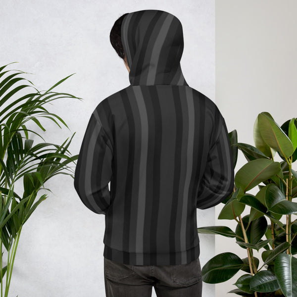 Black Gray Striped Hoodie, Vertical Stripe Print Premium Unisex Sweatshirt- Made in EU-Unisex Hoodie-Heidi Kimura Art LLC