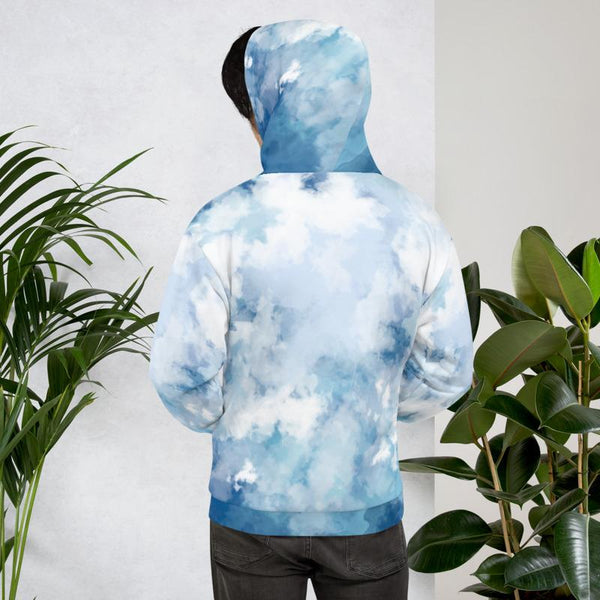Blue Abstract White Print Men's or Women's Unisex Premium Hoodie - Made in Europe-Men's Hoodie-Heidi Kimura Art LLC Blue Abstract Unisex Hoodie, Blue Abstract White Print Men's or Women's Unisex Hoodie- Made in Europe (US Size: XS-3XL), Women's or Men's Premium Abstract Printed Hoodie Pullover Sweatshirt, Plus Size Available