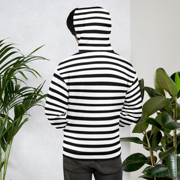Black White Horizontal Stripe Print Women's or Men's Unisex Hoodie- Made in Europe-Unisex Hoodie-Heidi Kimura Art LLC