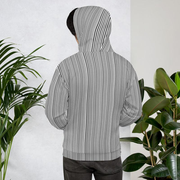 Black White Vertical Stripe Print Unisex Premium Hoodie- Made in Europe (US Size: XS-3XL)-Men's Hoodie-Heidi Kimura Art LLC
