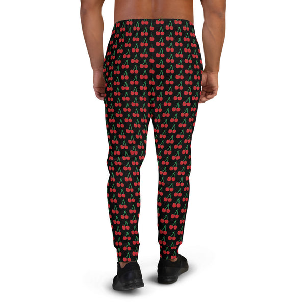 Black Red Cherries Men's Joggers, Designer Cherry Print Modern Slim-Fit Designer Ultra Soft & Comfortable Men's Joggers, Men's Jogger Pants Sweatpants -Made in EU/MX (US Size: XS-3XL)