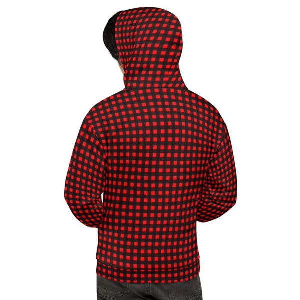 Buffalo Red Plaid Print Men's or Women's Unisex Soft Fleece Hoodie- Made in Europe-Men's Hoodie-Heidi Kimura Art LLC