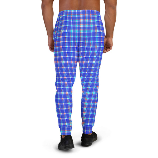 Pastel Blue Plaid Men's Joggers, Tartan Print Designer Ultra Soft & Comfortable Men's Joggers, Men's Jogger Pants-Made in EU (US Size: XS-3XL)